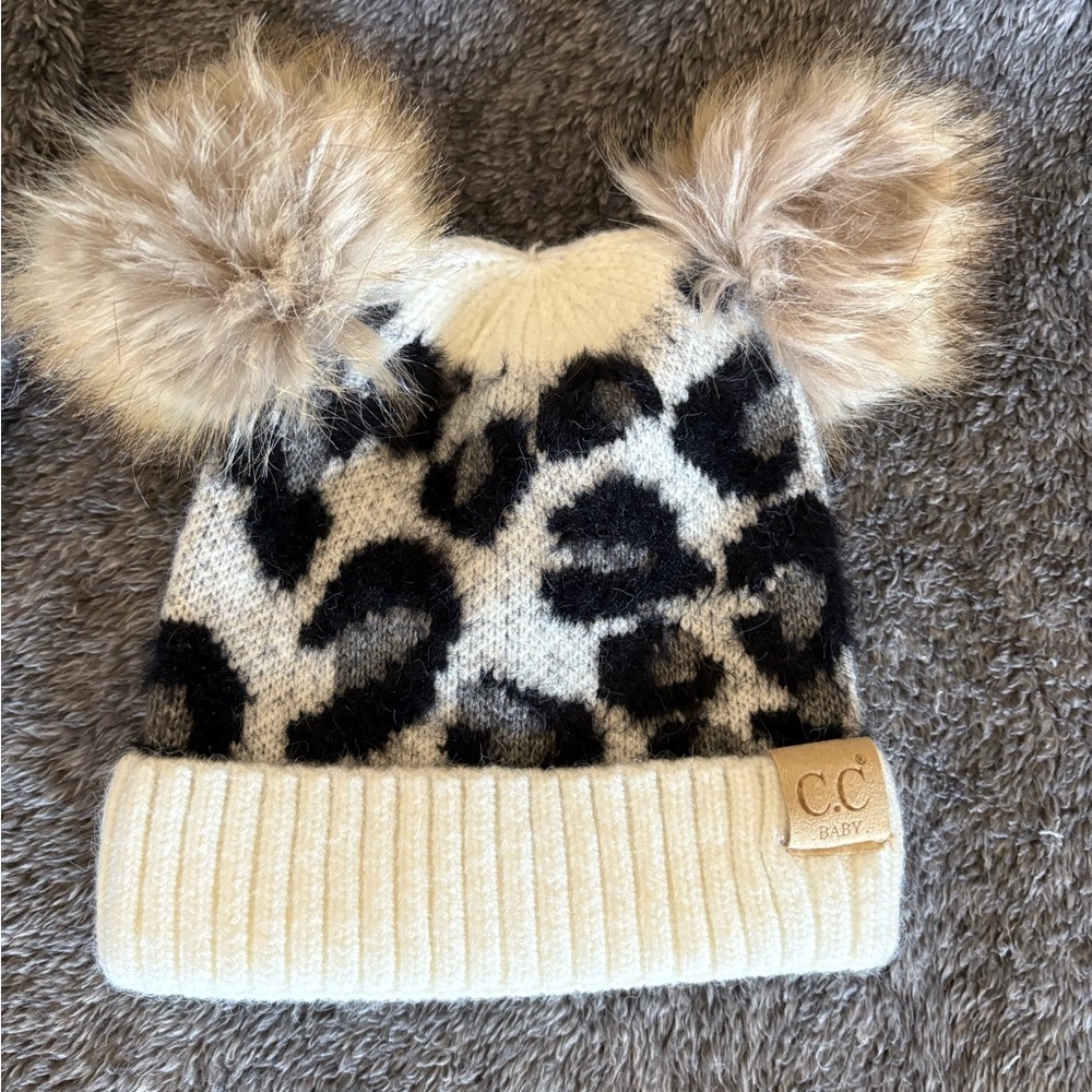 C.C Kids Leopard Print Beanie with Pom Poms - Black and Cream